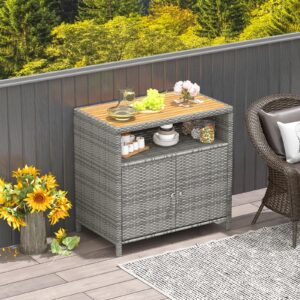 Tangkula Rattan Storage Cabinet, Outdoor Patiojoy Buffet Cabinet with Acacia Wood Countertop, Open Compartment & Enclosed Cabinet, 2-Door Wicker Sideboard, Storage Organizer for Poolside (Mix Grey)