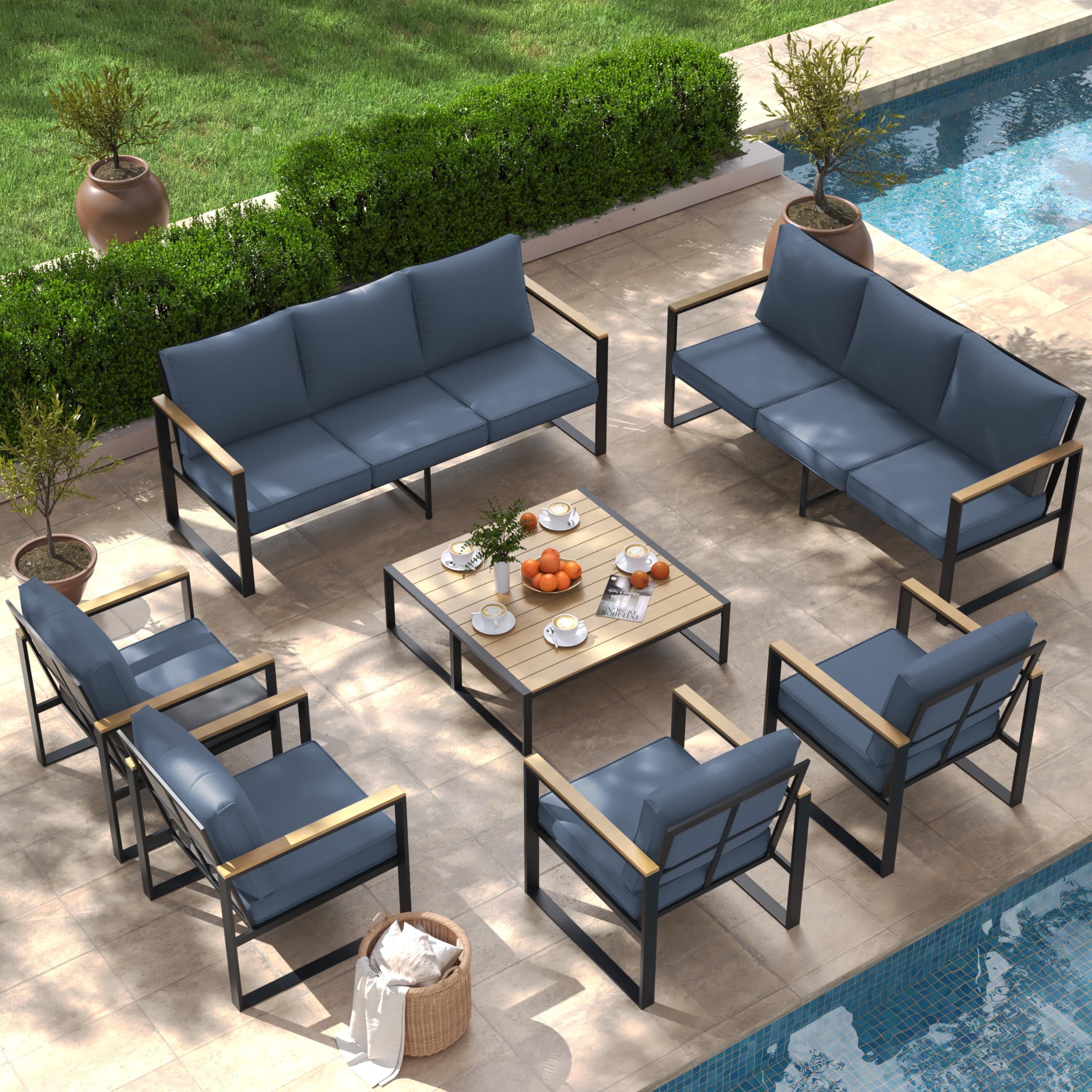 HLNPTN 4 Pieces Outdoor Patio Furniture Set, Modern Outdoor Furniture Sectional Sofa 5 Seat Deep Seating Group, Metal Patio Conversation Sets with Table, Thick & Washable Cushions, Blue