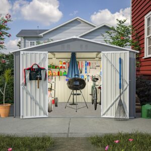 backyard shed,10 x 8 ft large metal tool sheds, heavy duty storage house with sliding doors with air vent for backyard patio lawn to store bikes, tools, lawnmowers dark grey