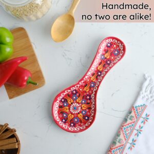 Handmade Spoon Rest, Ceramic Spoon Rest for Stove Top, 10" Spoon Rest for Kitchen Counter, Dishwasher Safe Spoon Holder for Stove, Housewarming Gifts Utensil Rest, Colorful Spoon Rests (Apple Red)