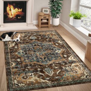 luxloom washable rugs 9x12 rug for bedroom vintage living room rugs bohemian medallion rug boho large area rug non slip throw rugs stain resistant carpet for office dining room 9'x12' brown/green