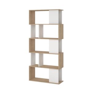 tvilum maze modern bookcase, display shelf and decorative room divider with 7 fixed storage shelves in oak and white