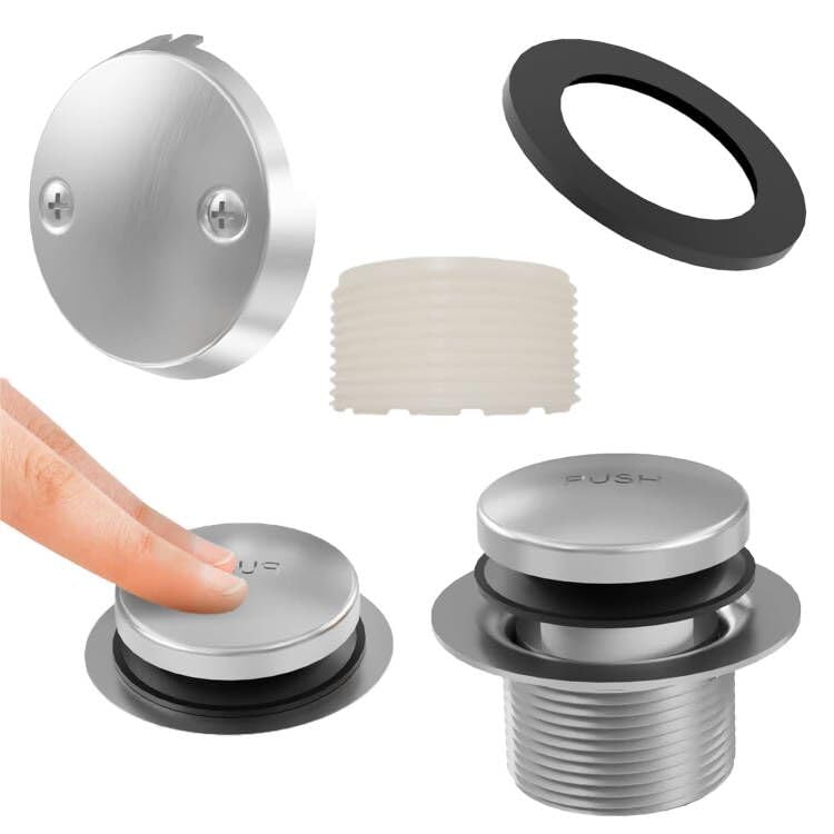 Brushed Nickel Tub Drain and Overflow Kit, Universal Bathtub Stopper with 2-Hole Faceplate and Fine/Coarse Thread