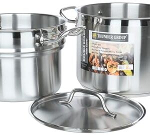 Thunder Group SLDB4008 3-Piece 8 Qt Double Boiler Set with Encapsulated Base for Restaurant Cafeteria | Induction Gas Electric Cooktop Safe | 10"D x 7-5/8"H, 8-7/8"D x 7-1/4, Stainless Steel | NSF