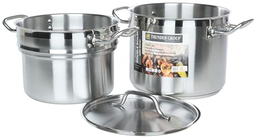 Thunder Group SLDB4008 3-Piece 8 Qt Double Boiler Set with Encapsulated Base for Restaurant Cafeteria | Induction Gas Electric Cooktop Safe | 10"D x 7-5/8"H, 8-7/8"D x 7-1/4, Stainless Steel | NSF