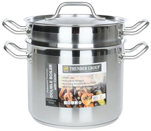 Thunder Group SLDB4008 3-Piece 8 Qt Double Boiler Set with Encapsulated Base for Restaurant Cafeteria | Induction Gas Electric Cooktop Safe | 10"D x 7-5/8"H, 8-7/8"D x 7-1/4, Stainless Steel | NSF