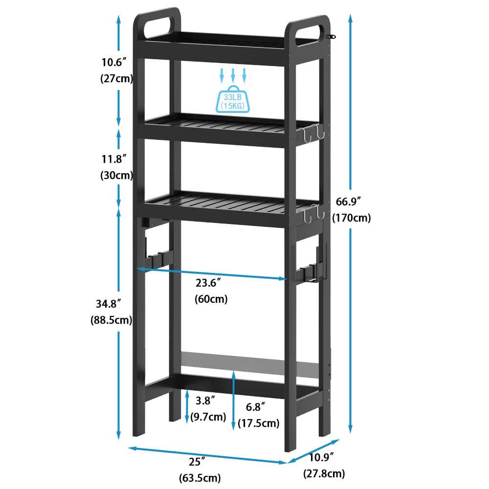 IUMLXJO Over The Toilet Storage, Bamboo 3 Tier Over Toilet Bathroom Organizer Rack, Space Saver Freestanding Above Toilet Stand Shelves with Magazine Holder Toilet Paper Holder and Hooks, Black