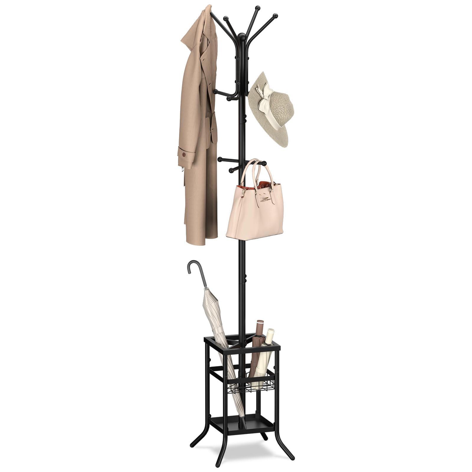 Yoobure Coat Rack Freestanding, Coat Tree with Umbrella Holder, Metal Coat Rack Stand with 12 Hooks, Modern Coat Hanger Stand for Entryway, Purse Rack Hat Rack Stand for Living Room Bedroom Office