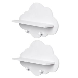 cloud shelves, 2pcs white cloud wall shelves, wood floating shelf with hook, nursery shelves for book toys cloud room decor cloud shelf