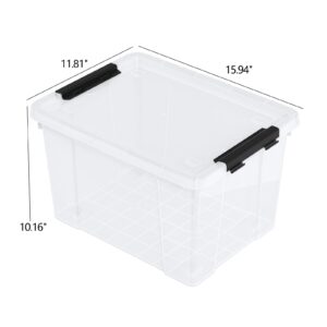 Parlynies 4 Pack 23 L Plastic Latching Storage Box with Wheels, Stackable Container Bin with Lids, Clear