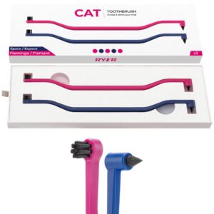 ryercat set of dual sided cat toothbrushes - kitten toothbrush with micro head to fit into kittens mouth - cat dental care supplies pet toothbrush for cats (flamingo pink and space blue)