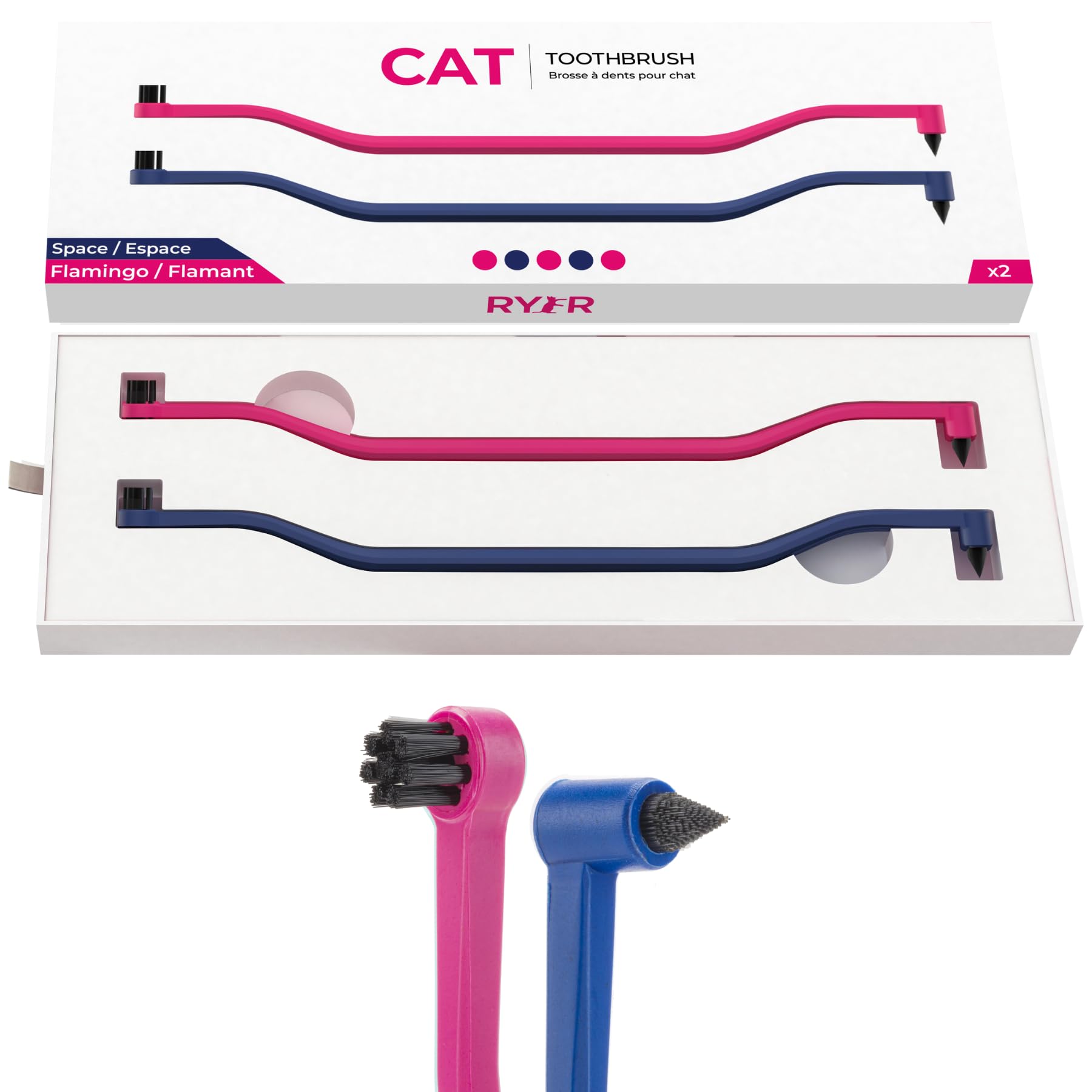 RYERCAT Set of Dual Sided Cat Toothbrushes - Kitten Toothbrush with Micro Head to fit into Kittens Mouth - Cat Dental Care Supplies Pet Toothbrush for Cats (Flamingo Pink and Space Blue)