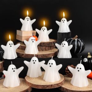 akerock 10 pcs halloween ghost candles, 2.75 x 2.36 inches cute halloween decorations indoor for table, mantel, desk, kitchen coffee bar - spooky halloween ghost decor for halloween party decorations