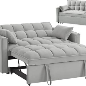 SPOWAY 3 in 1 Sleeper Sofa Couch Bed, Velvet Convertible Loveseat Sleeper Sofa with 3 Level Adjustable Backrest, Storage Pockets, Toss Pillows, Pull Out Loveseat Sleeper for Living Room, Grey