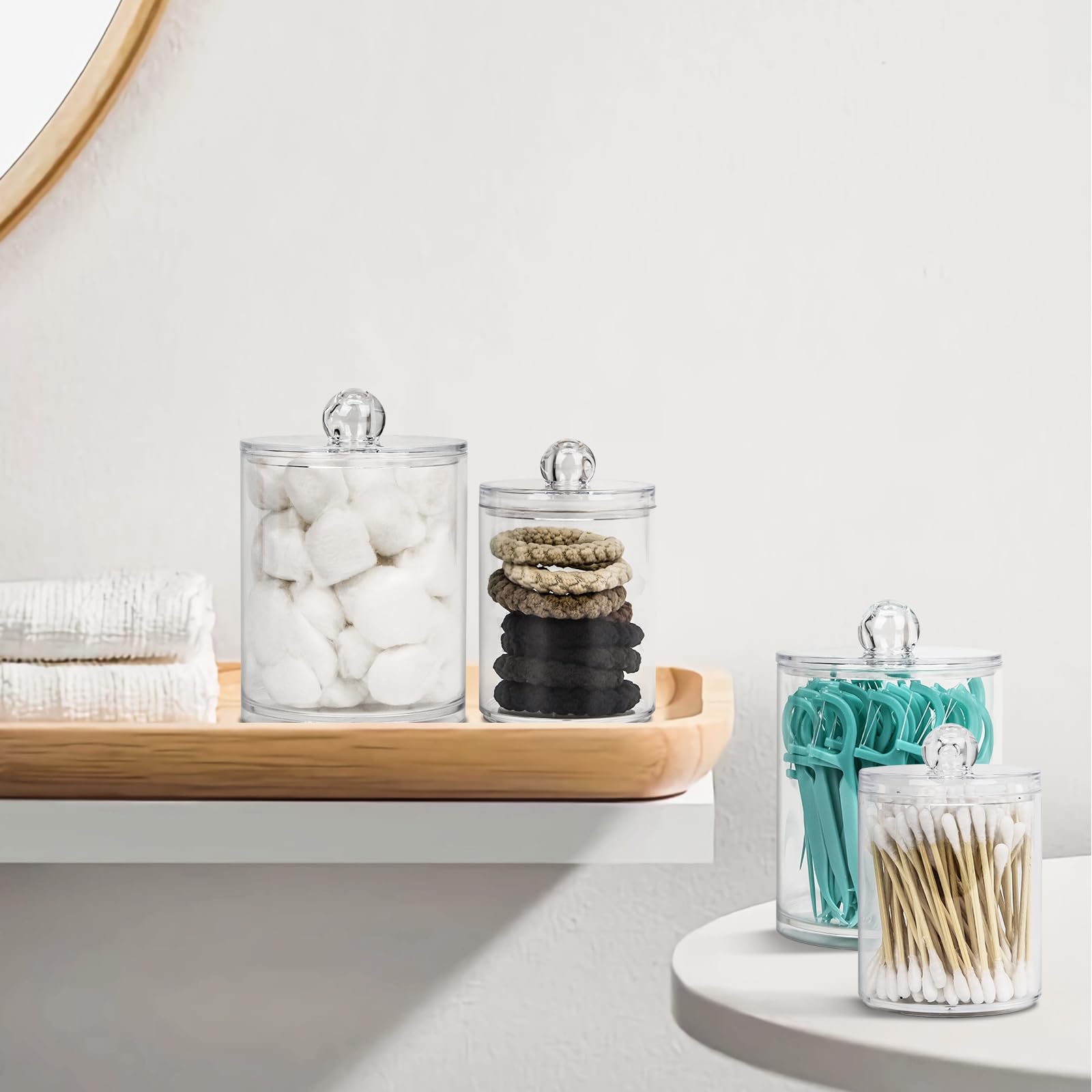 SZHLUX 4-Pack Qtip Holder Dispenser for Floss Picks, Cotton Swabs, Cotton Balls, Cotton Rounds - Small Clear Plastic Storage Jars Set for Bathroom Organization, Vanity Makeup Organizer