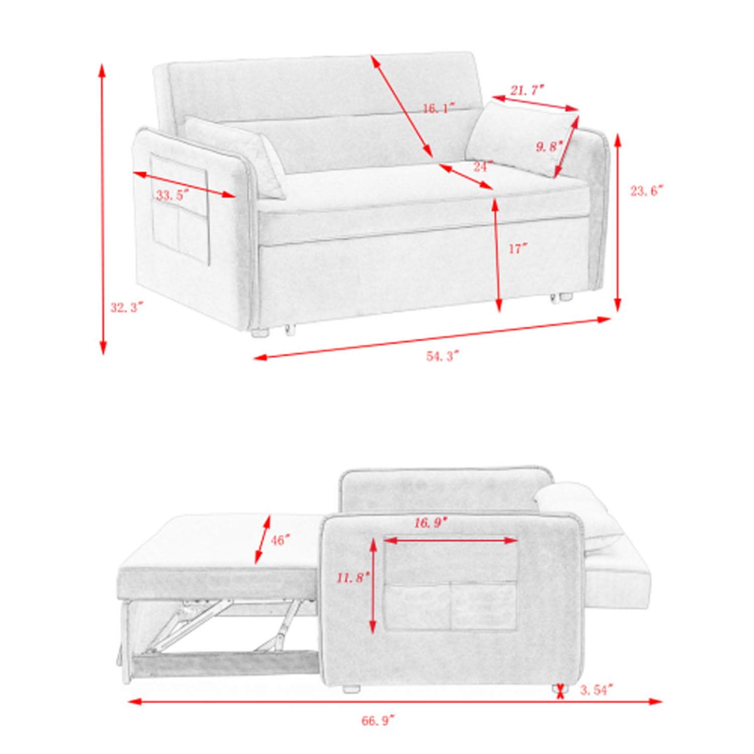 Anwick Modern Velvet 3 in 1 Sleeper Sofa Bed,Convertible Folding Futon Sofa Pull Out Couch Bed with 3 Reclining Backrests,Pillows,54" Small Love Seat for Compact Living Room Office (Gray, 54")