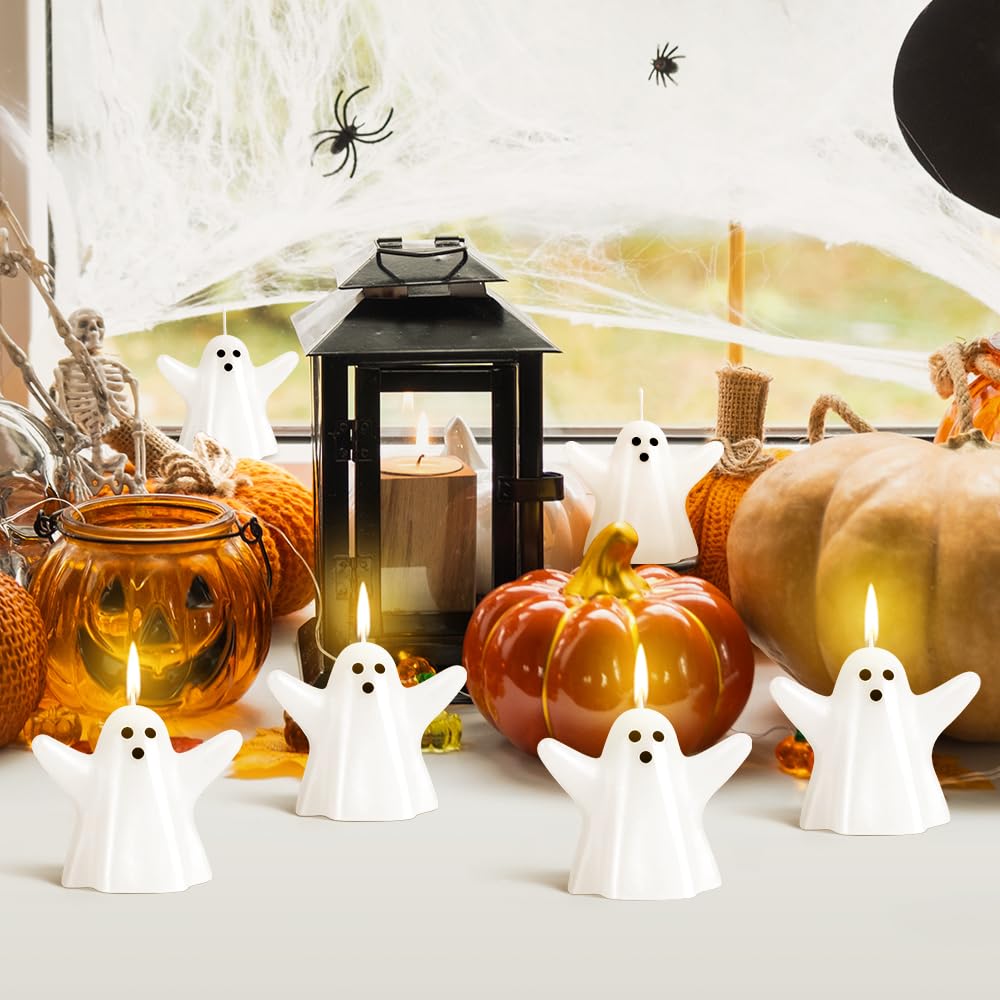 AKEROCK 10 PCS Halloween Ghost Candles, 2.75 x 2.36 Inches Cute Halloween Decorations Indoor for Table, Mantel, Desk, Kitchen Coffee Bar - Spooky Halloween Ghost Decor for Halloween Party Decorations