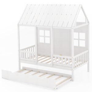 KOMFOTT Twin Size House Bed with Trundle, Wood Kid’s House Bed Frame with Roof, Windows, Fence Rails, Playhouse Bed Frame with Sturdy Bed Slats for Boys & Girls, No Box Spring Needed (White, Twin)