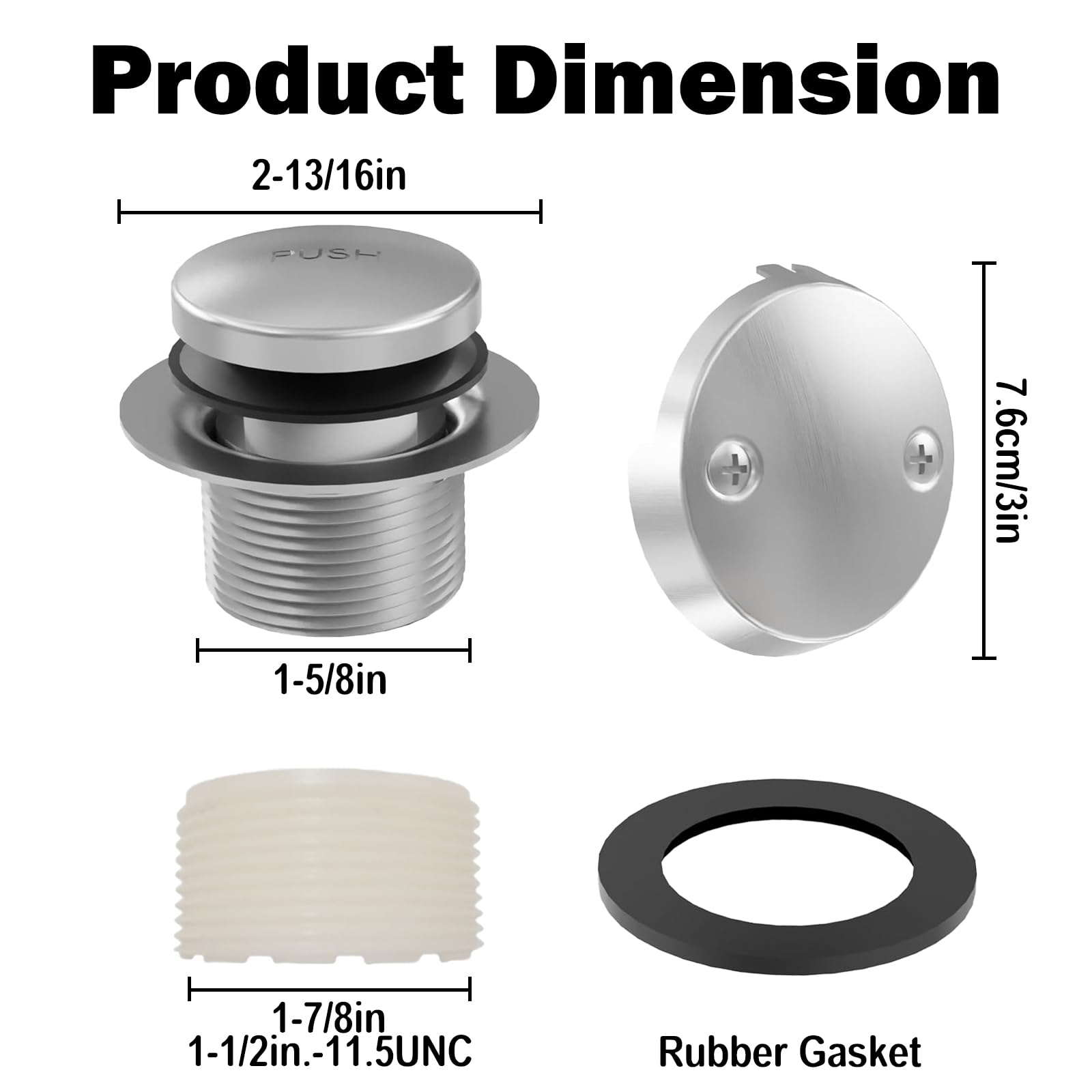 Brushed Nickel Tub Drain and Overflow Kit, Universal Bathtub Stopper with 2-Hole Faceplate and Fine/Coarse Thread