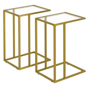 c shaped end side table set of 2,couch sofa table for small space,tempered glass snack side table with metal frame for living room, bedroom, bedside, modern style, gold