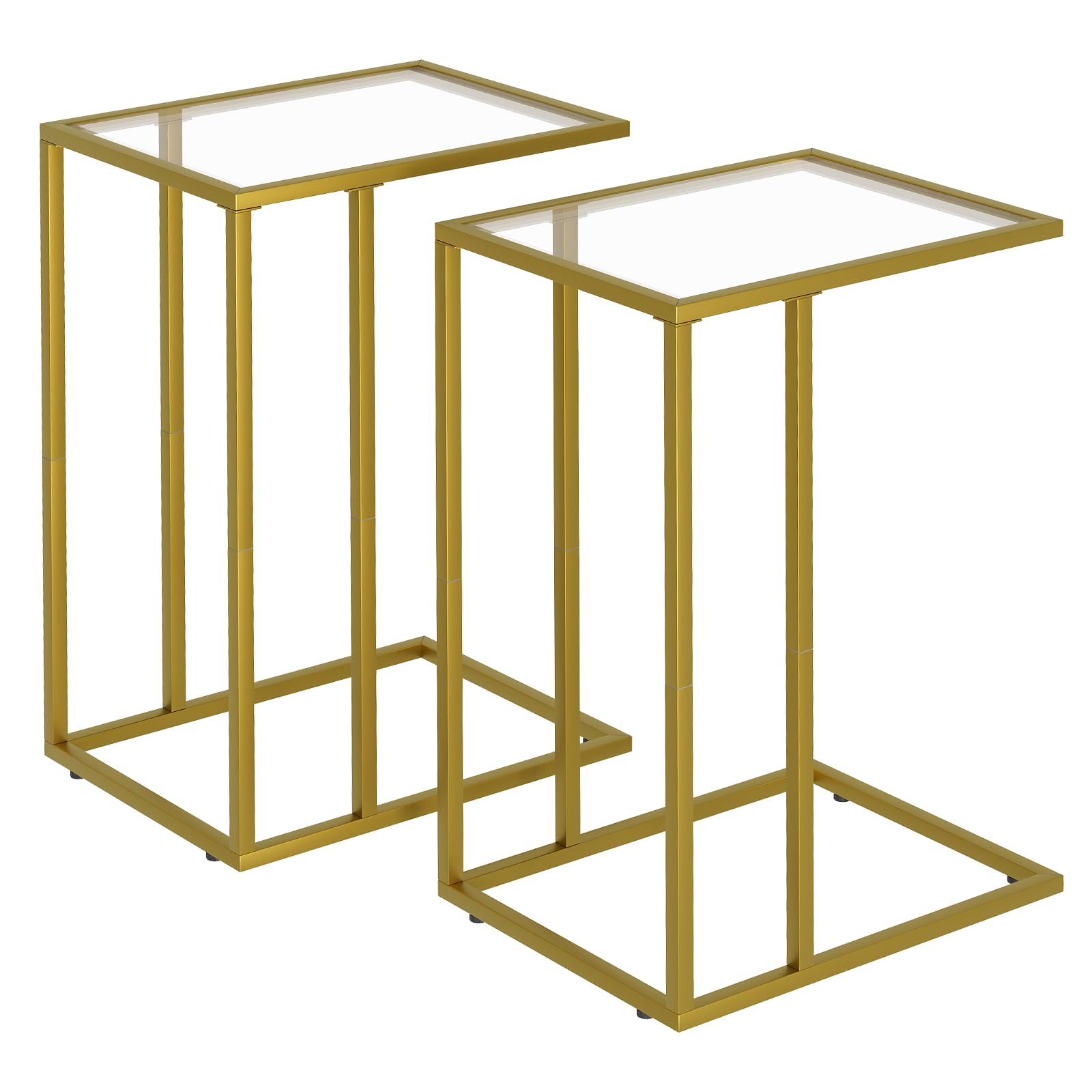 C Shaped End Side Table Set of 2,Couch Sofa Table for Small Space,Tempered Glass Snack Side Table with Metal Frame for Living Room, Bedroom, Bedside, Modern Style, Gold