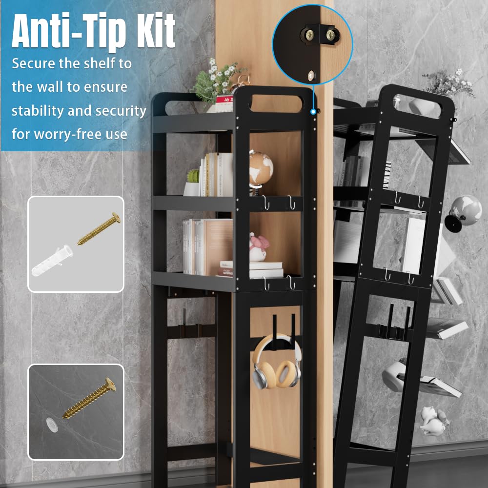 IUMLXJO Over The Toilet Storage, Bamboo 3 Tier Over Toilet Bathroom Organizer Rack, Space Saver Freestanding Above Toilet Stand Shelves with Magazine Holder Toilet Paper Holder and Hooks, Black