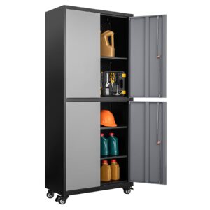 fesbos metal storage cabinet-heavy duty tool cabinet multifunctional garage storage cabinet with adjustable shelves&lockable doors, pegboard and accessories-black&gray