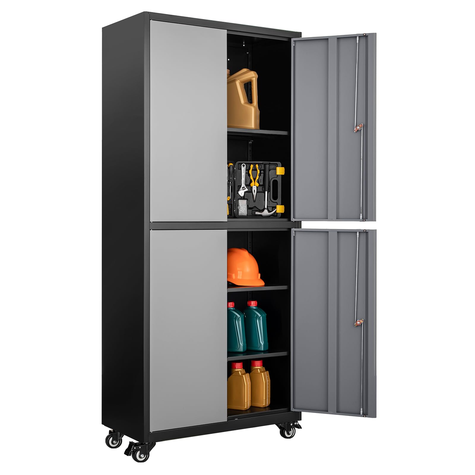 Fesbos Metal Storage Cabinet-Heavy Duty Tool Cabinet Multifunctional Garage Storage Cabinet with Adjustable Shelves&Lockable Doors, Pegboard and Accessories-Black&Gray