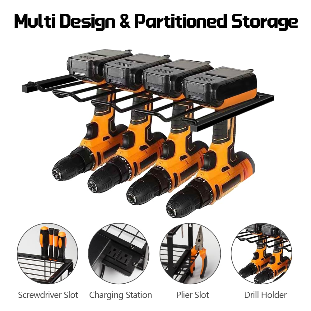 3-Tier Power Tool Organizer, Wall Mount Tool Holder with Charging Station, 4 Drill Holder Heavy Duty Metal Tool Shelf for Tool Storage Garage Workshop Tool Rooms