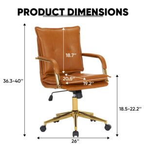 Mid-Back Ergonomic Leather Office Chair, Modern Upholstered Executive Desk Chair with Gold Frame Armrest Computer Task Chair (Camel)