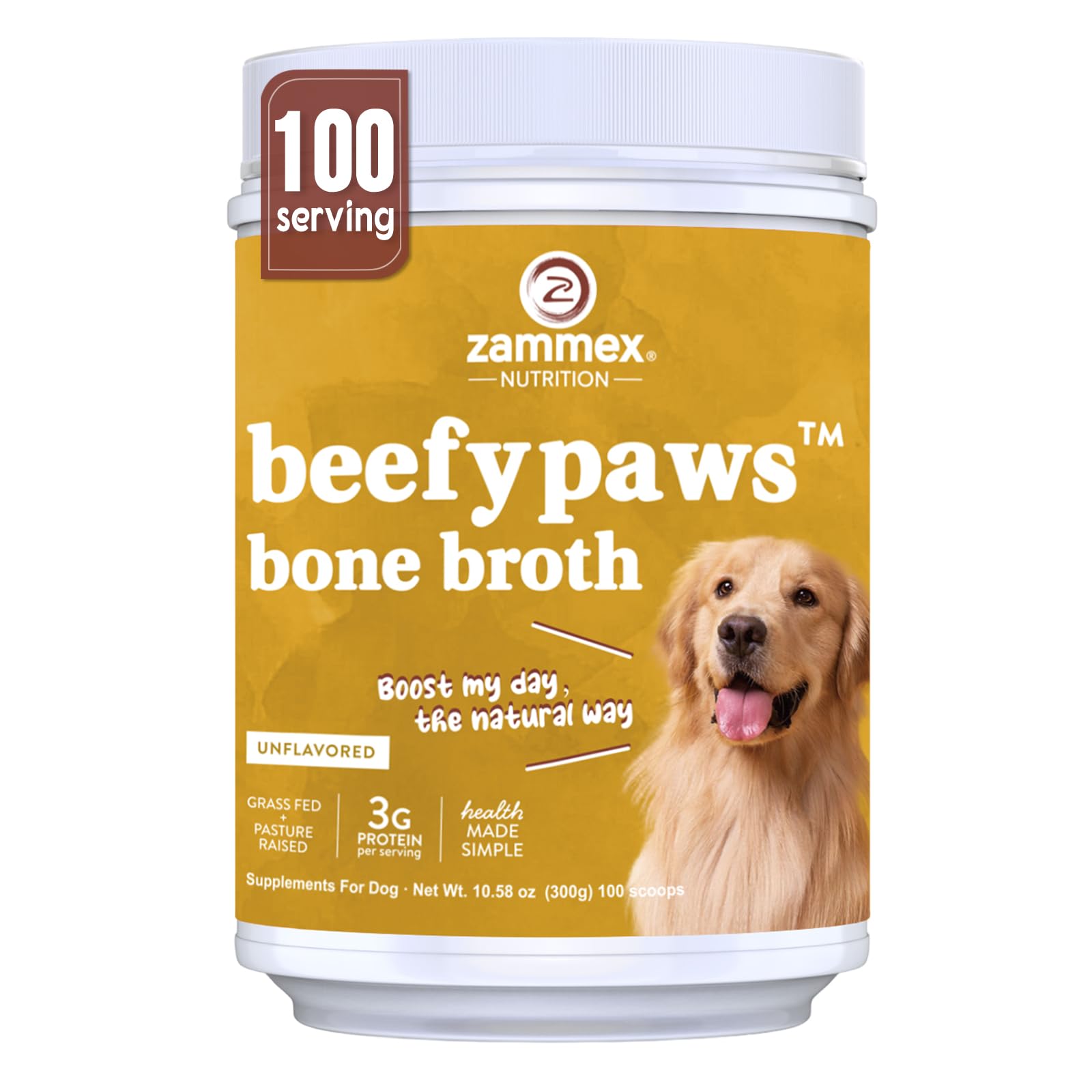 Zammex Bone Broth for Dogs, Grass Fed Beef Bone Broth Protein Powder - Supports Joints and Bone, Enhances Fur, Dogs & Cats Food Toppers for Dry & Wet 10.58oz