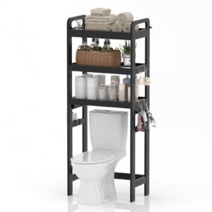 iumlxjo over the toilet storage, bamboo 3 tier over toilet bathroom organizer rack, space saver freestanding above toilet stand shelves with magazine holder toilet paper holder and hooks, black