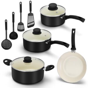 pleasthome 11 piece ceramic nonstick cookware set, soft grip healthy pots and pans set with lids and utensils for kitchen,pfas-free, dishwasher safe, 100% pfoa free