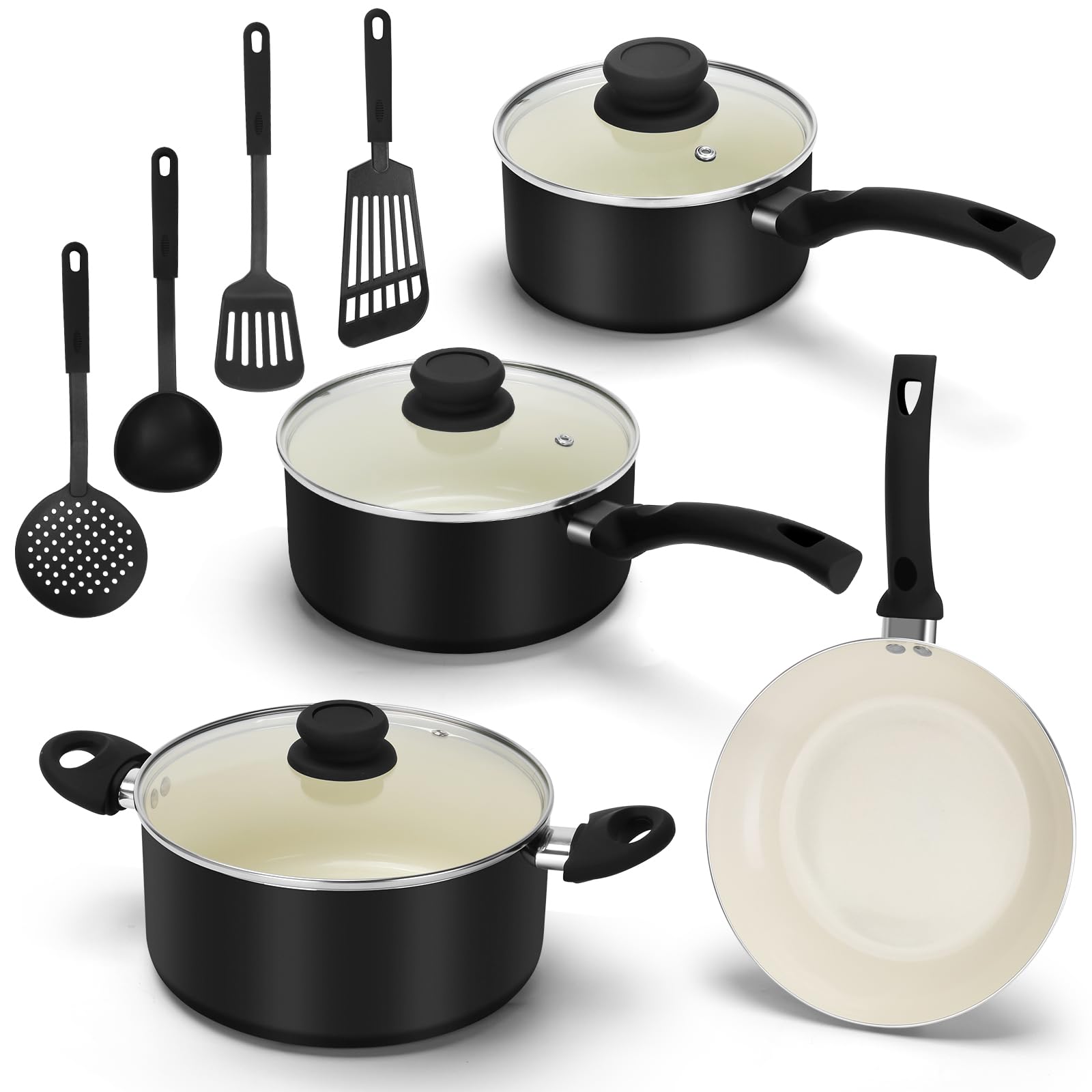 Pleasthome 11 Piece Ceramic Nonstick Cookware Set, Soft Grip Healthy Pots and Pans Set with Lids and Utensils for Kitchen,PFAS-Free, Dishwasher Safe, 100% PFOA Free