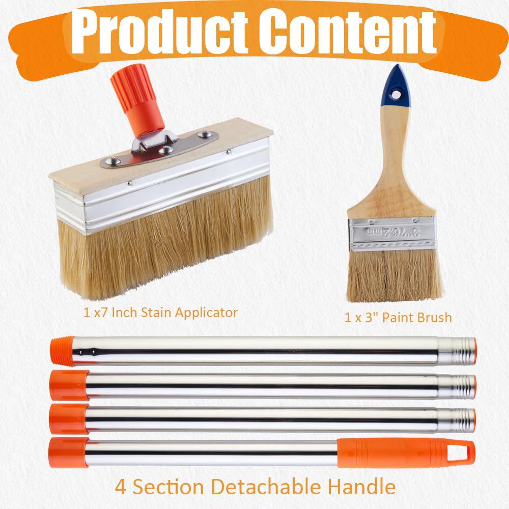 YUJOIBAN 7" Deck Stain Brush with Long Handle, 60" Extension Pole Deck Stain Applicator with 3" Paint Brushes Set, Stain Brushes for Painting Wood Deck, Masonry, Fence, Wall and Furniture