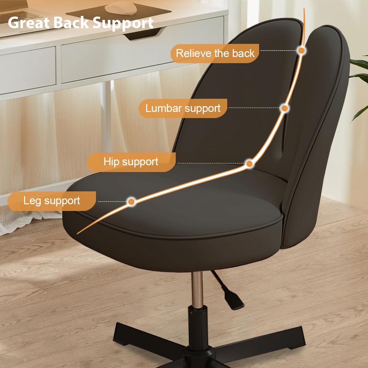 XUEGW Cute Desk Chair No Wheels Office Chair Armless Computer Task Chair Height Adjustable PU Leather Vanity Chairs Swivel Makeup Bedroom Chair for Home Office, Black