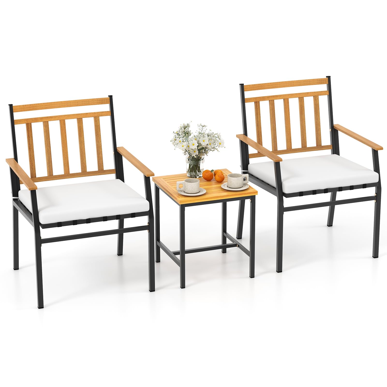 HAPPYGRILL 3 Piece Acacia Wood Patio Bistro Set, Outdoor Chair Set with Coffee Table, Heavy-Duty Metal Frame, Cushions, Outside Furniture Conversation Set for Balcony, Porch, Backyard