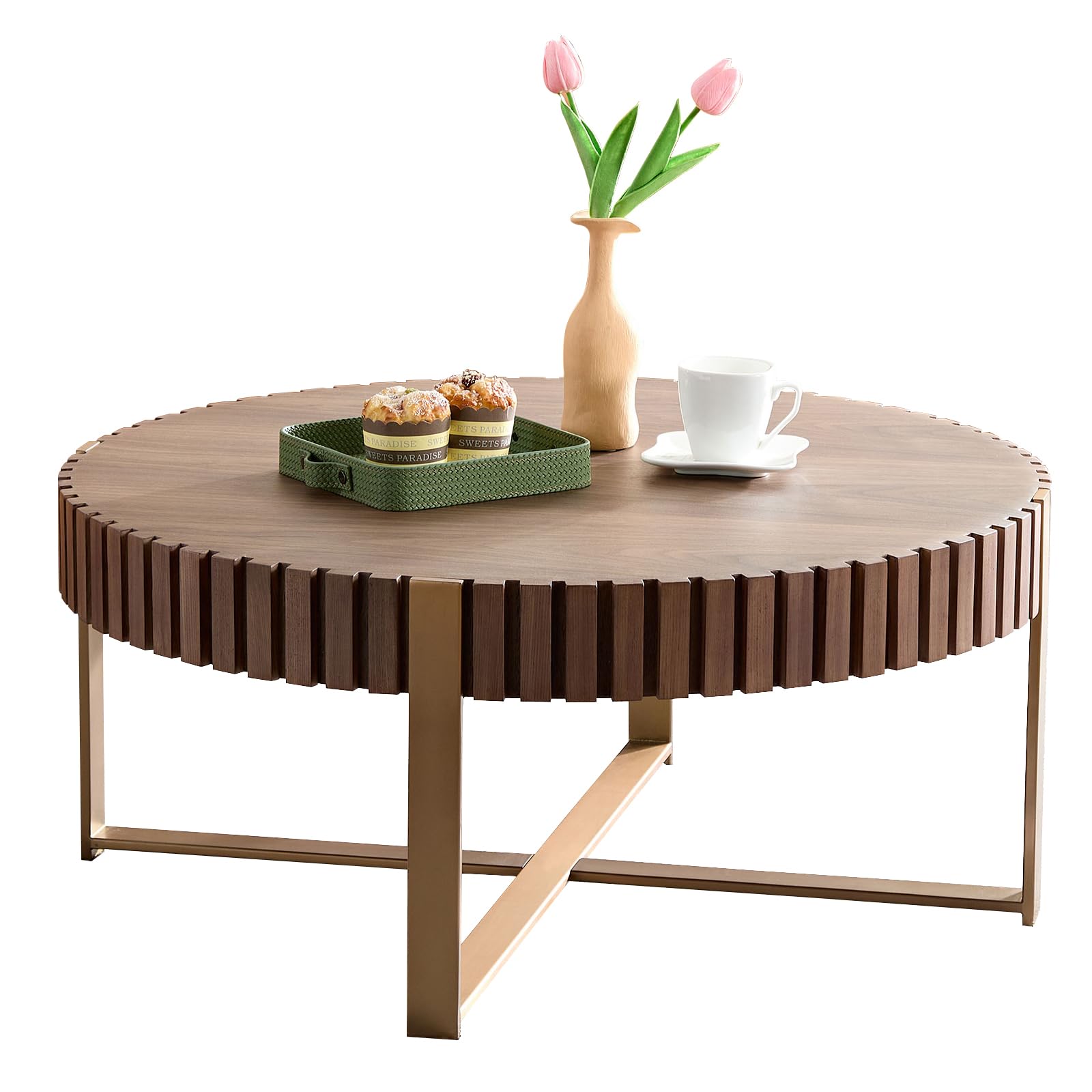 LKTART 31.5'' Round Coffee Table for Living Room, Solid Wood Handcraft Drum Coffee Table, Wooden Felief Coffee Table, Stainless Steel Legs Sturdy Pedestal Tea Table, Apartment Small Space,Walnut