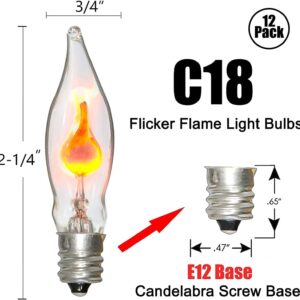 Supernoor Christmas Flickering Flame Light Bulbs,12 Pack C18 Flicker Flame Light Bulbs E12 Base 120 Volts 1 Watt for Electric Candle Lamps Window Candelabra Chandeliers Christmas Bulbs