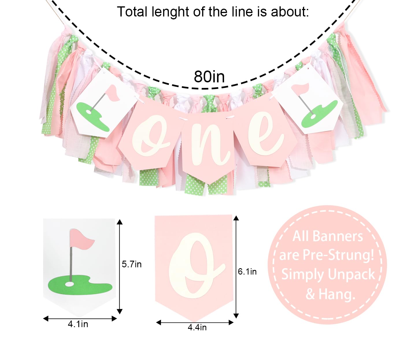 Golf 1st Birthday Decorations For Girls - Hole In One High Chair Banner,Sports Themed First Birthday Photo Props,Golf Pink Green Ribbon One Banner,Baby Girl Smash Cake Backdrop Highchair Banner