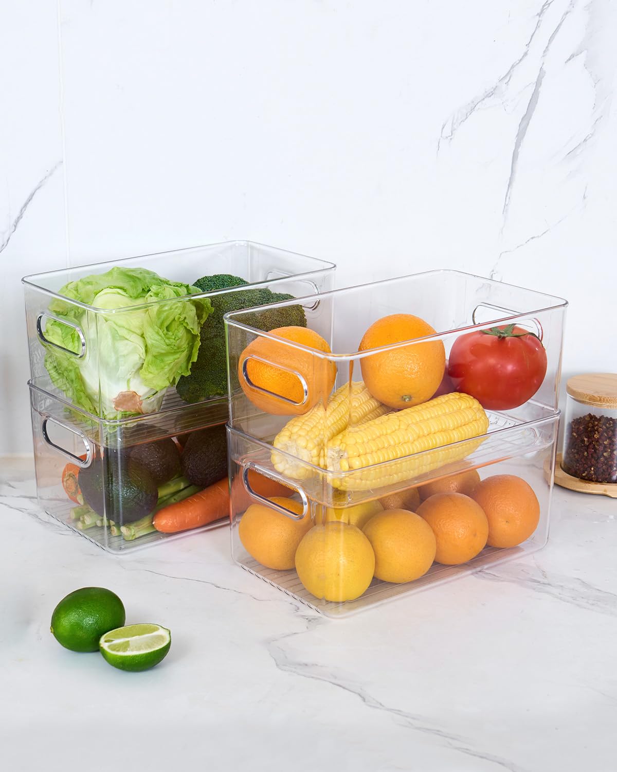 Pereysi 4 PCS Clear Plastic Storage Bins, Refrigerator Organizer Bins with Handles, Pantry Organizer Bins for Food, BPA-Free Fridge Organizer for Fridge, Freezer, Kitchen, Cabinet, Pantry, 10" Long