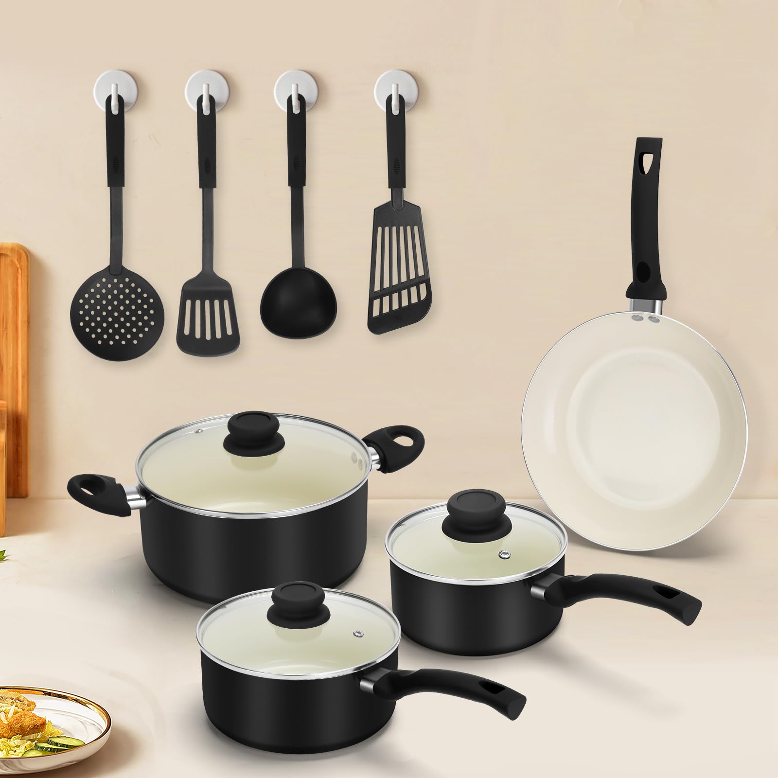 Pleasthome 11 Piece Ceramic Nonstick Cookware Set, Soft Grip Healthy Pots and Pans Set with Lids and Utensils for Kitchen,PFAS-Free, Dishwasher Safe, 100% PFOA Free