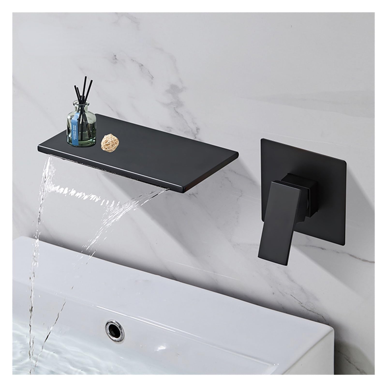 HOONWEAR Kitchen Tap Brass Matte Black Wall Mounted Waterfall Basin Faucet Set, Bathroom Hot Cold Water Bathtub Washbasin Sink Mixer Tap Modern Crane (Color : Nero, Size : 1) Mixer Tap Faucet, Bianco