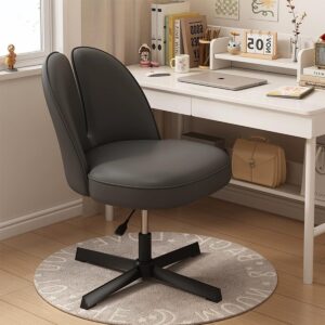 xuegw cute desk chair no wheels office chair armless computer task chair height adjustable pu leather vanity chairs swivel makeup bedroom chair for home office, black