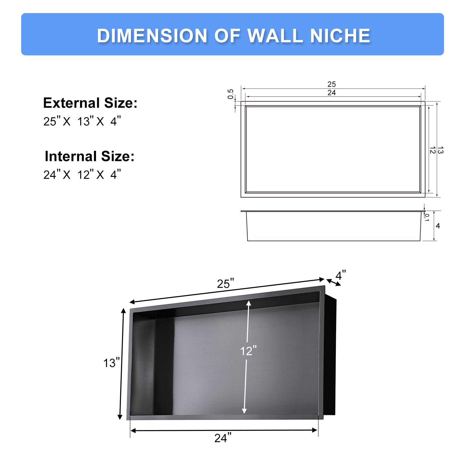 TSIBOMU Stainless Steel Shower Niche, 12" X 24" Shower Niche No Tile Needed, Nano Black Niche for Shower Wall for Bathroom & Bedroom Storage Over Mount Installation