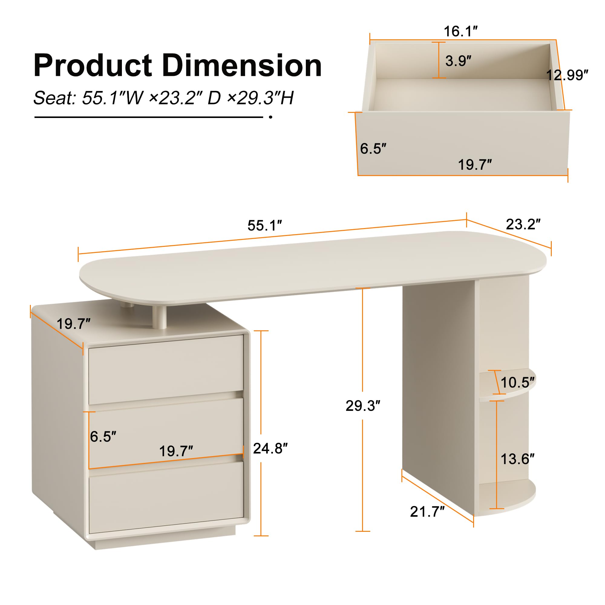 Qulomvs Computer Desk, 55inch Home Office Desk with Drawers and Storage Shelves, Cream White Desk Modern Simple Style Laptop Desk, Work Study Writing Table Workstation for Home Office