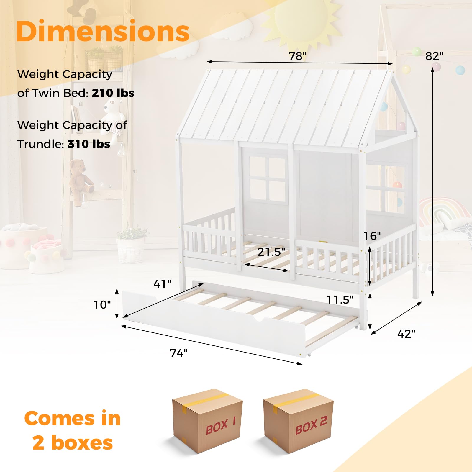 KOMFOTT Twin Size House Bed with Trundle, Wood Kid’s House Bed Frame with Roof, Windows, Fence Rails, Playhouse Bed Frame with Sturdy Bed Slats for Boys & Girls, No Box Spring Needed (White, Twin)