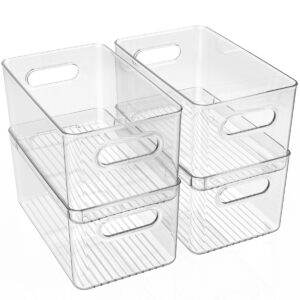 Faryuan 4 PCS Clear Plastic Storage Bins, Refrigerator Organizer Bins with Handles, Pantry Organizer Bins for Food, BPA-Free Fridge Organizer for Fridge, Freezer, Kitchen, Cabinet, Pantry, 10" Long