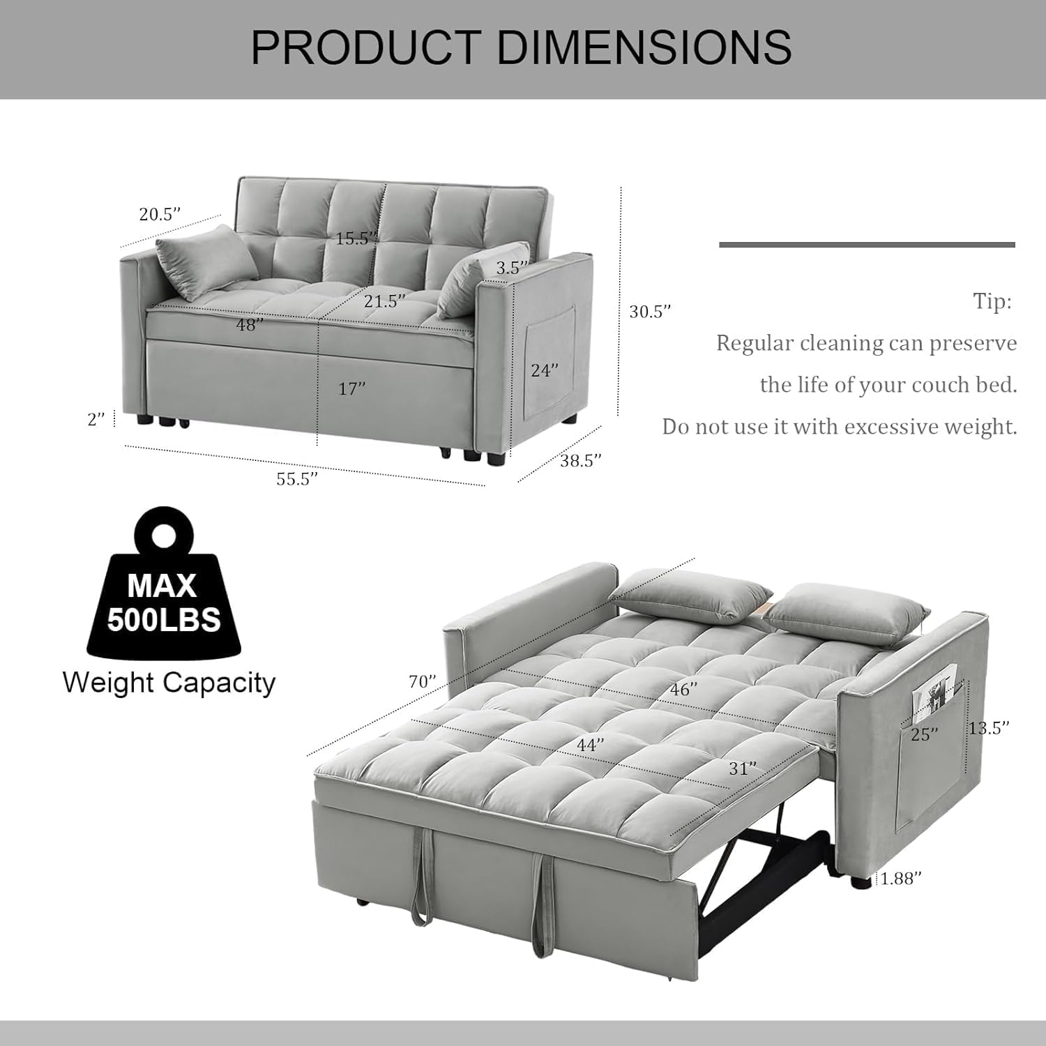 SPOWAY 3 in 1 Sleeper Sofa Couch Bed, Velvet Convertible Loveseat Sleeper Sofa with 3 Level Adjustable Backrest, Storage Pockets, Toss Pillows, Pull Out Loveseat Sleeper for Living Room, Grey