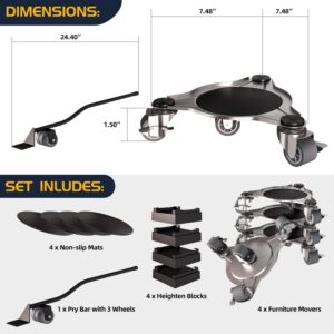 ENMEN Furniture Movers with Wheels – 19cm Thickened Steel Frame Furniture Dolly 4 Wheels with Pry Bar & Heightening Blocks, 360° Furniture Lifters for Heavy Furniture for 1800Lbs – Large